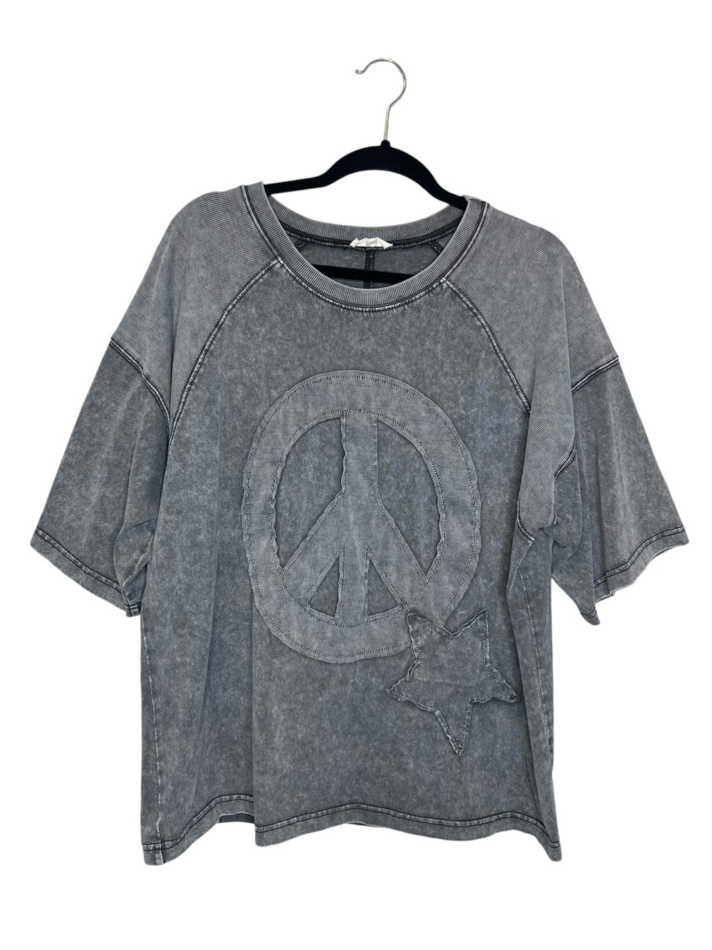 EASEL Mineral Wash Patchwork Peace Sign and Heart Gray Oversized Top size Large